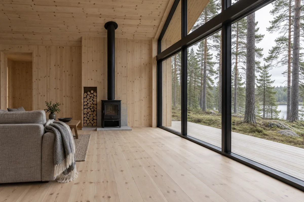 The living area of the cabin with wooden walls