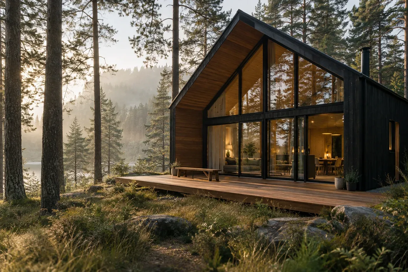 The glass-fronted wooden BOR cabin with a terrace among the pines