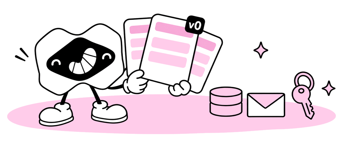 The Macaly mascot holding three app screens fanned out, with a database, an envelope and a key beside them, a v0 tag on the top screen