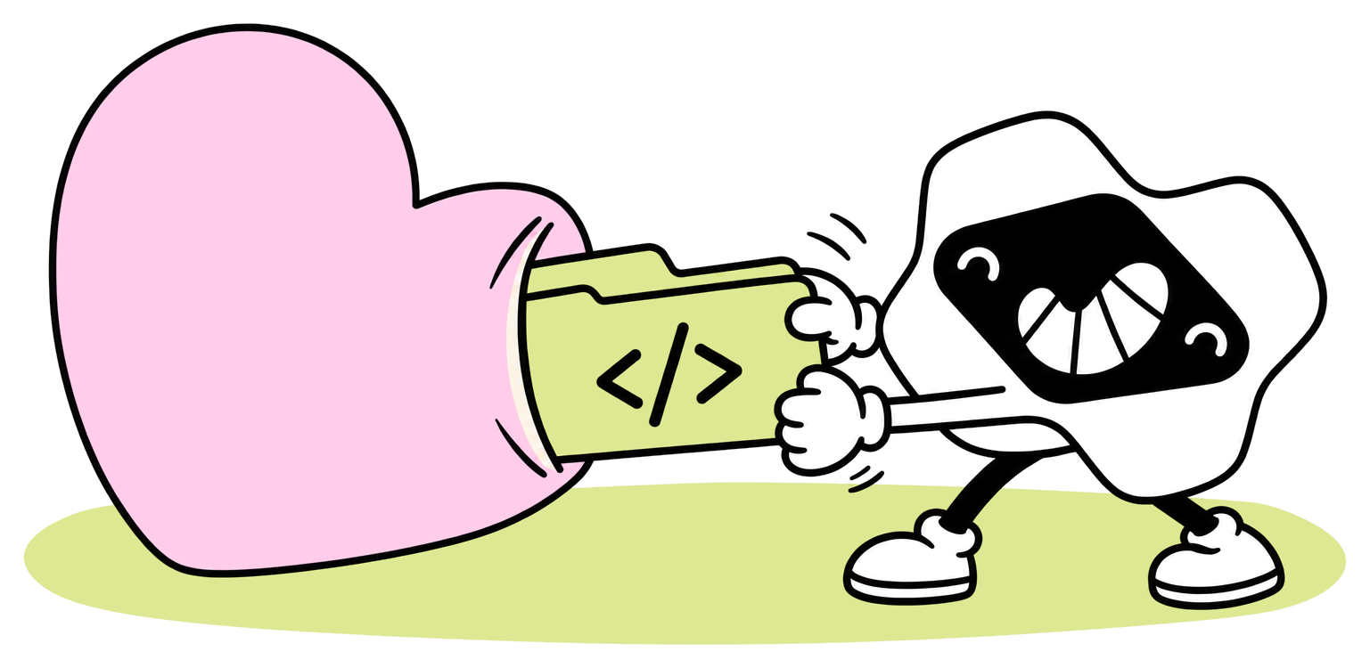 Maskot Macaly vytahuje zelenou složku s kódem projektu ze srdce Lovable.